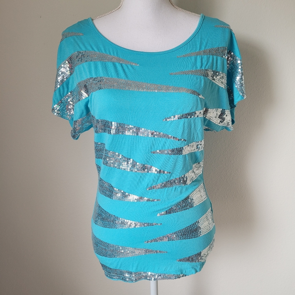 Bebe 2b Sequined Zebra Print Flowy Sleeve Shirt